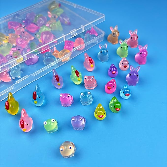 Mini Resin Animals to Hide 72 PCS Luminous Tiny Miniature Figurines Bulk Glow in The Dark Include Little Ducks Small Chicken Rabbits Frogs for Garden Micro Landscape Aquarium Potted