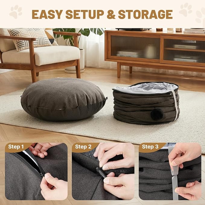 Cat Tunnel Bed for Indoor Cats, Cooling Natural Linen Cat Tunnel 29.5in | Breathable Kitten Toys Cat Tunnel with Washable Mat, Round Pet Tunnel for Kittens, Squirrels Dark Grey
