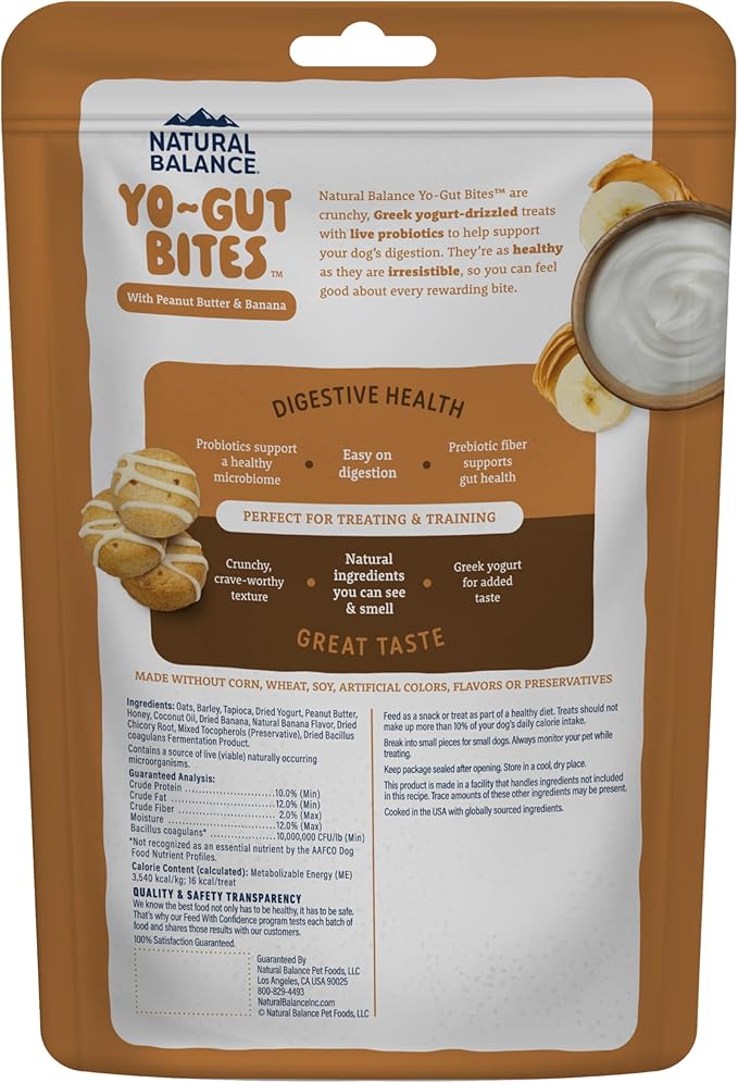 Natural Balance Yo-Gut Bites Crunchy Dog Treats with Real Peanut Butter & Banana, Greek Yogurt Drizzle, Probiotics for Digestive Support, 4.5oz Bag