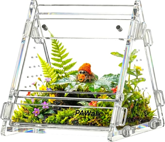 Triangular Jumping Spider Enclosure, Acrylic Terrarium with Magnetic Doors, 0.8mm Micro-Ventilation& Escape-Proof Design for Tarantulas, Lizards, Small Pets, 3.5”x3.5”x3.5”