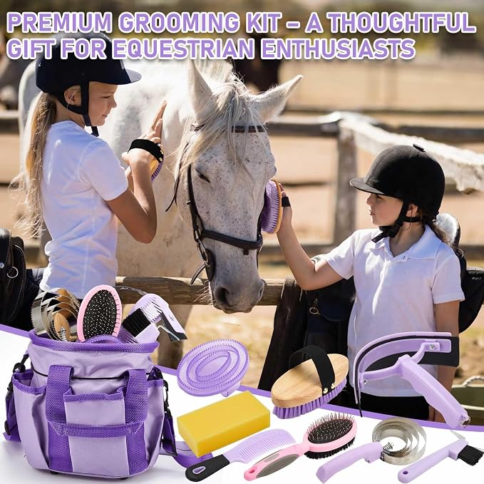 Cunhill 9 Pcs Horse Grooming Kit Tack Room Supplies Set with Tote Bag, Oval Massage Curry, Hard and Soft Brush, Hoof Pick, Sweat Scraper, Bathing Sponge, Comb for Horse Rider(Classic,Purple)
