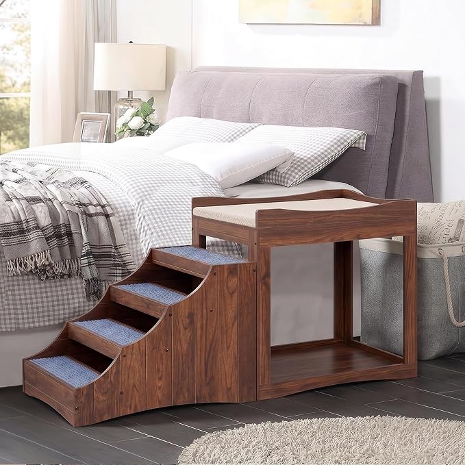 unipaws Large Pet Bunk Bed with Removable Step for Dogs and Cats | Multi-Level Bed Window Perch Seat Platform with Cushion, Indoor Use, Walnut