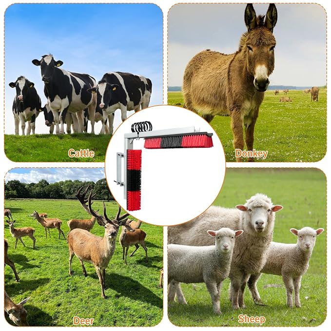 Livestock Scratch Brush With Spring Iron Holder,Animal Back Scratching Brush Including 4pcs goat brushes, 4 stands and accessories For Cow,Cattle,Sheep, Horses,Pigs,Massage Grooming Tool(Red)