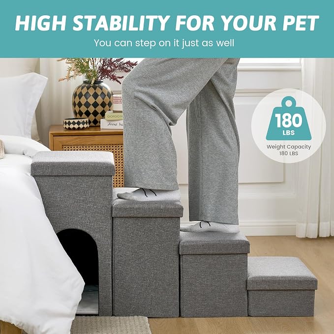Dog Stairs with Storage, 3-Step Wider Sturdy Dog Steps for Small/Medium/Large Dogs and Older Cats, Doggie Ramp with Condo for Bed/Couch/Car Hold Up to 180 lbs (17.7" H, Grey)