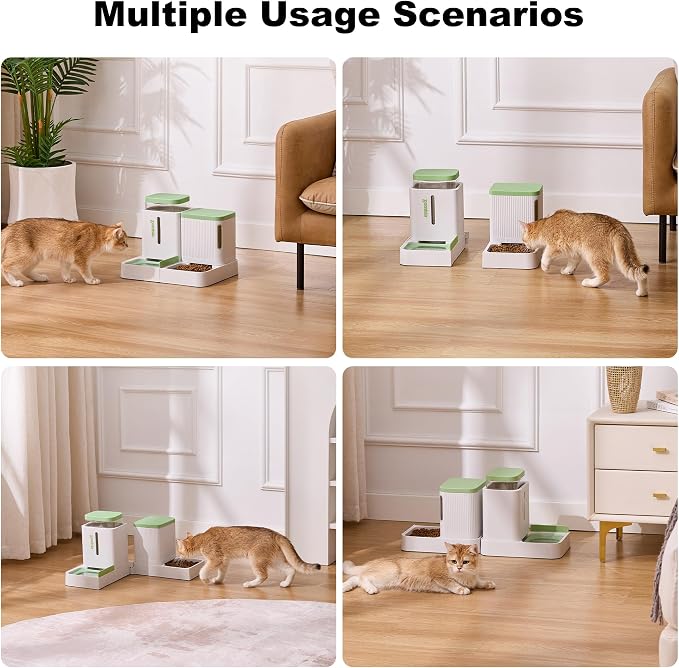 ZOMISIA Gravity Cat Feeder and Water Dispenser, 2 in 1 Cat Self Feeder with 180 Degree Rotatable, Automatic Feeding Large Capacity for Small Medium Dog Puppy Kitten, White & Green, 0.8 Gallon x 2