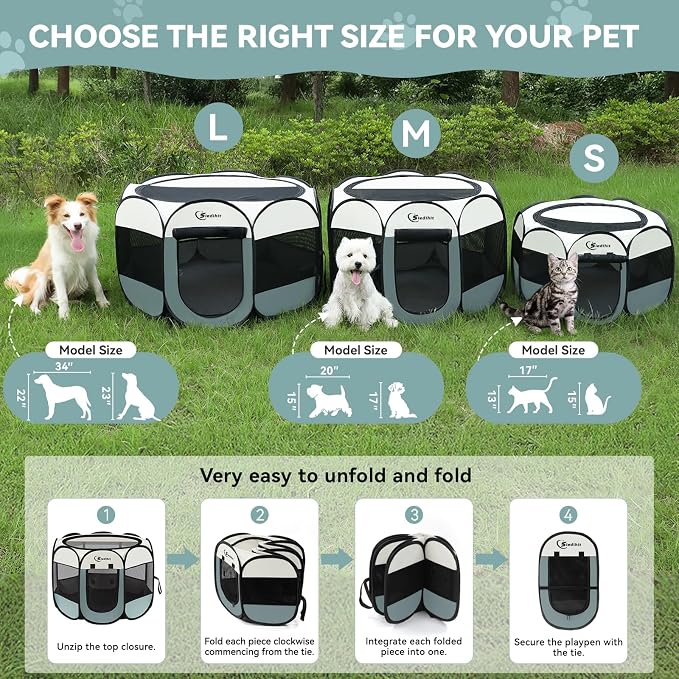 Siedihit Dog Pet Playpen Tent Crate Cage with Washable Pee Pad, Medium Grey | Nursing Rest Zone Recovering Pet Quarantine Room Portable Pop Up Easy to Set up lightweight Carrying Bag Wide applicability