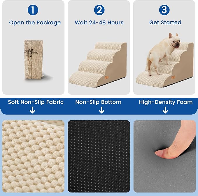 Dog Steps for Bed and Couch, Pet Stairs for Small Dogs and Cats, Khaki | High-Density Foam Support and a Stable 4-Step Ramp Design for Easy Access to Beds and Sofas,H 17.7in