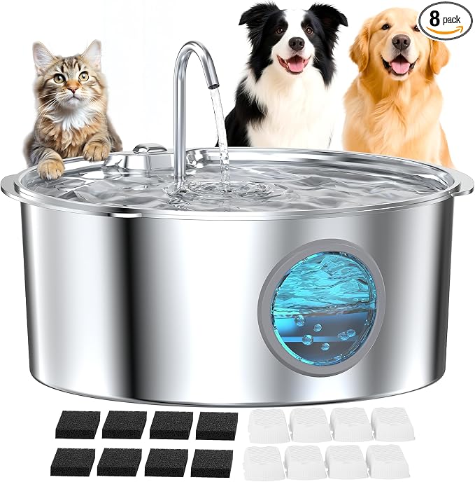 Large Dog Fountain Water Bowl: Sliver Big Cat Water Fountain Stainless Steel - 3.2Gal/406oz/12L Noiseless Giant Dog Fountains -GROOKPET Pet Suppiles for Multi-Pet Home - Contain 8 Filters + 8 Sponges