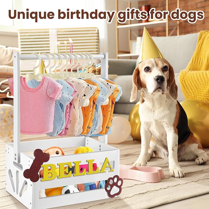 Teenyyou 20 x 13 x 9 Wooden Dog Closet Pet Wardrobe Crate Box with Hanging Rods and Personalized Alphabet Letters Easy Assembly Baskets for Dog Cat Toys Clothes Accessories(White)