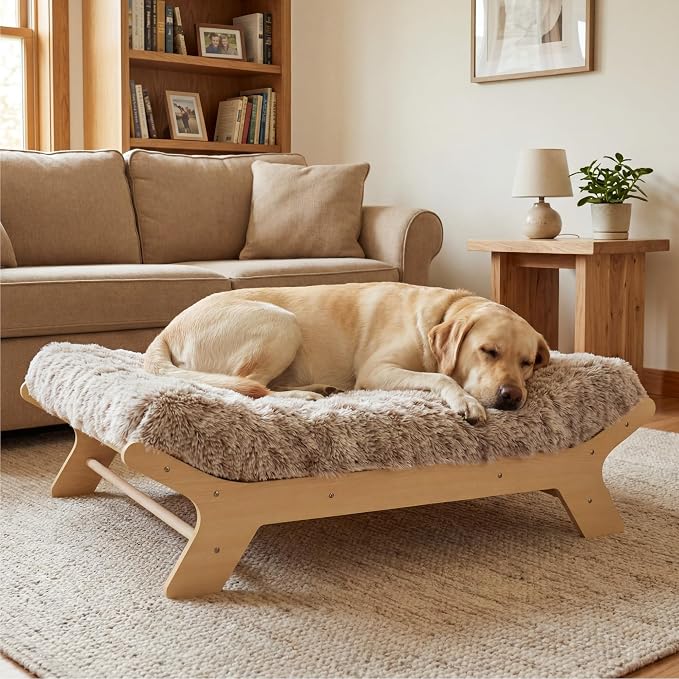 Elevated Wood Dog Bed Frame Mat Set, WoodPattern, X-Large | Raised Sturdy Attractive Dog Sofa Couch Furniture, 110 lb