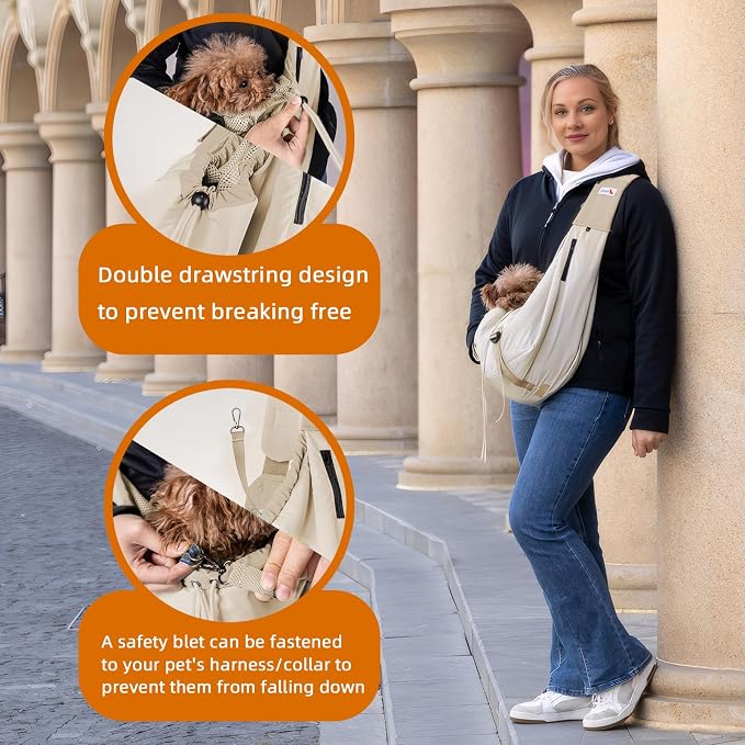 Dog Carrier Sling, Dog Carriers for Small Dogs Up to 20lbs, Beige | Puppy Sling, Cross Body Carrying Bag, Soft Front Pouch, Adjustable Shoulder Strap, Breathable Mesh Pet Backpack for Hiking