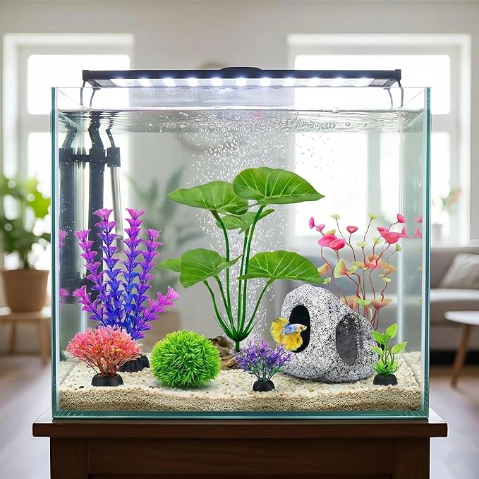 9 Pack Fish Tank Decorations Set Aquarium Decor Rock Cave Hideout, Artificial Aquarium Plants Plastic Betta Leaf Hammock Goldfish Betta Fish Tank Accessories Small Large Fish Bowl Ornaments