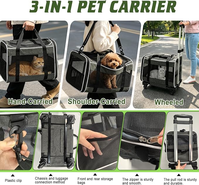 Cat Carriers Dog Pet Carrier for Small Cats Puppies(Up to 33lbs), 16.5x11x11 Inch Airline Approved Pet Carrier with Removable Wheels, Collapsible Travel Carrier with Shoulder Strap