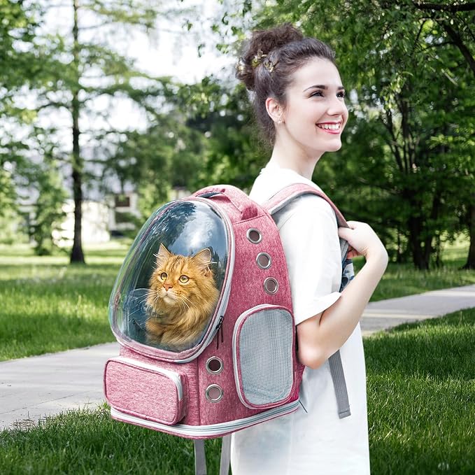 Cat Backpack Carrier Clear Bubble Window for Cats & Small Dogs up to 15 lb | Large Space Breathable Foldable Pet Carrier Airline Approved, Mesh Entry Safety Tether Washable Pad, Travel Hiking Outdoor