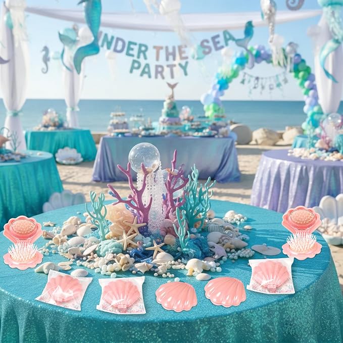 LemonRoad 24 Sets Mermaid Party Favors Shell Hair Brush with Mirror Card, Foldable Mini Travel Compact Hair Brush for Women Birthday, Bachelorette, Under The Sea, Beach Party Gifts(Pink)