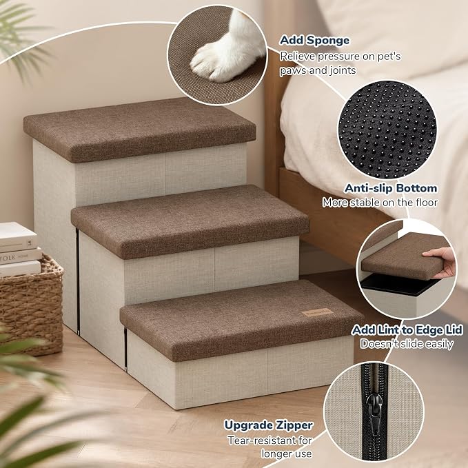 3-Step Wide Dog Stairs with Hidden Storage 18" H, Non-Slip Dog Steps for High Bed Couch Car, Jiont-Friendly Pet Stairs Ramp for Small/Medium/Large Old Dogs Cats Up to 220lbs, Beige&Coffee Lid