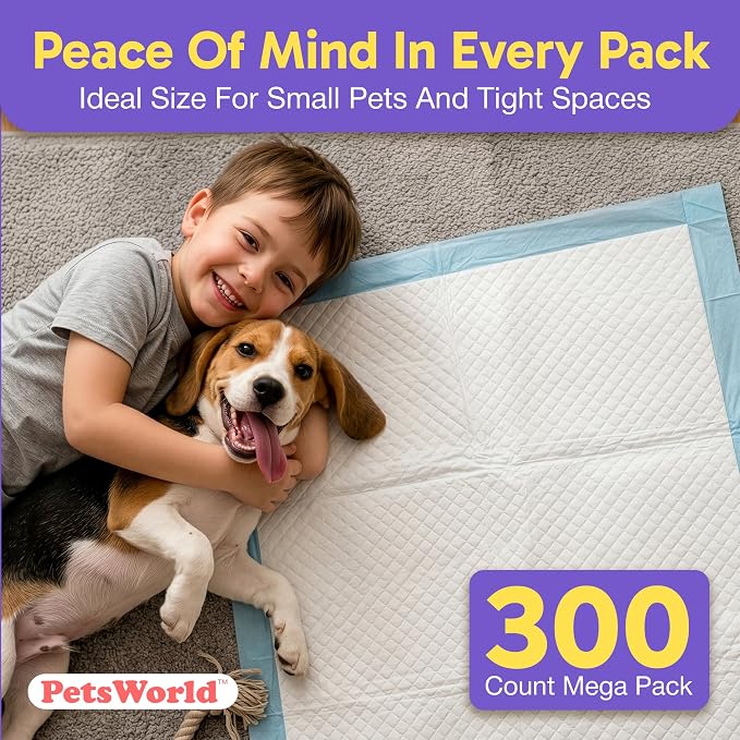 PETSWORLD Large Dog Pee Pads 28x34 Inch, 300 Count, Fresh Scented Puppy Training and Potty Pads with Optional Sticky Corner Tape, Absorbent Leakproof Pads for Dogs