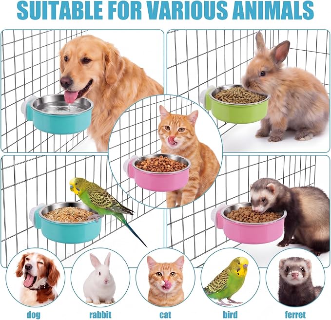 12 Pcs Crate Bowls Bulk Puppy Dog Bowls for Kennel Removable Stainless Steel Crate Water Bowl Kennel Hanging Food Feeders Coop Cup for Cat Puppy Rabbit Birds Ferret Guinea Pigs
