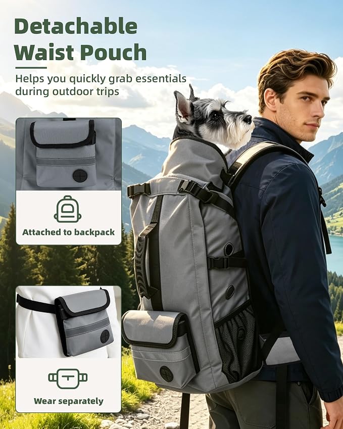Breathable Dog Hiking Backpack Carrier for Medium Dogs, Grey | 4-Layer Protection, Adjustable Dog Backpack with Storage Pockets, Reflective Strips, 3D Ergonomic Support, Under 33 lb