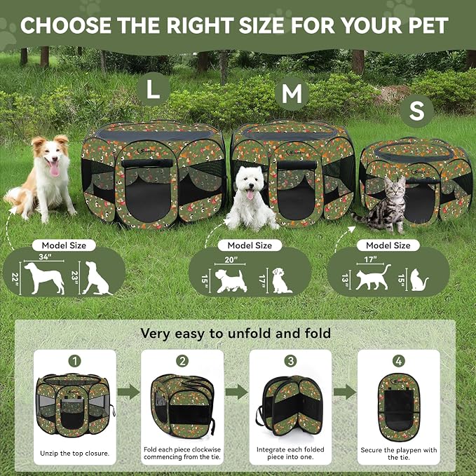 Siedihit Dog Playpen, Medium Dogs Tent Crates Cage Indoor/Outdoor | Portable Pop Up Dog Kennel Playpen with Carrying Case for Dogs/Cats/Rabbits(Cottagecore, Medium)