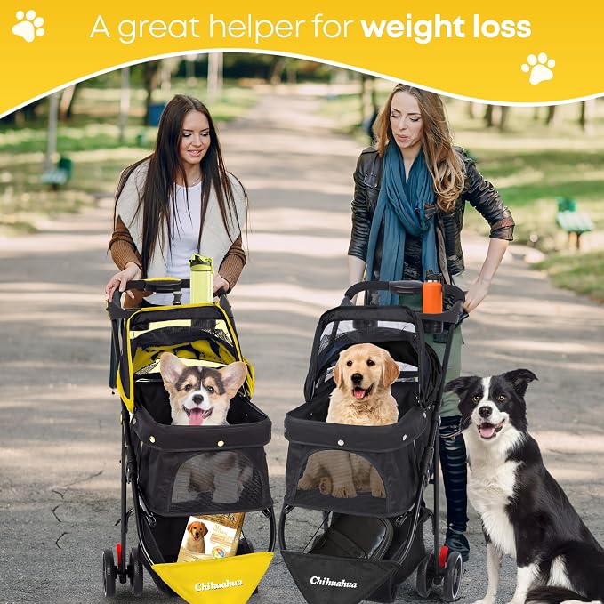 Pet Stroller,Dog Stroller for Small Medium Dogs Cats,3 Wheels,Yellow | Foldable,with Breathable Mesh Canopy,Cup Holders,Easy Assembly