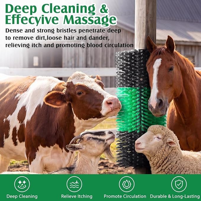 3 Pack Livestock Scratching Brush, Green and Black | Animal Scratcher, Itch Relief Grooming, Horse Goat Cow Scratcher, Fence Post Mounting, Durable Bristles, Farm Livestock Care