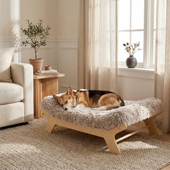 Elevated Wood Dog Bed Frame Mat Set, WoodPattern, Medium | Raised Sturdy Attractive Dog Sofa Couch Furniture, 60 lb