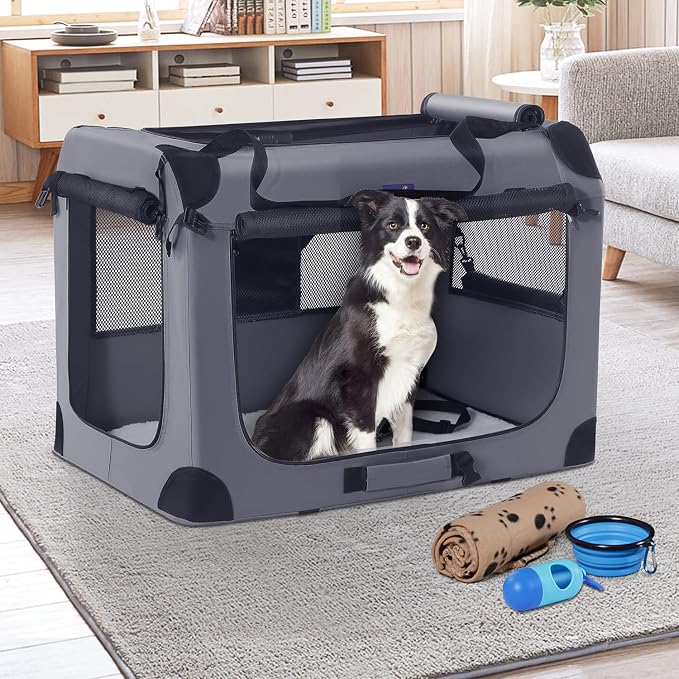 Petprsco Portable Dog Crates for Medium Dogs, 32"x23"x23" Travel Dog Crate | Collapsible Dog Crate with Plush Mat, Soft Blanket & Foldable Bowl, Strong Fabric, 4-Sided Vents, 3 Doors, Indoor/Outdoor Use