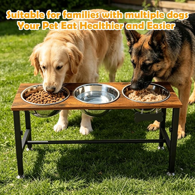 XXLarge Wooden Elevated Dog Bowl Stand – 4 Adjustable Heights (11.8"-17.7"), Wooden & Metal with 3 Stainless Steel Bowls & Splash Pad for Large & Extra Large Breeds