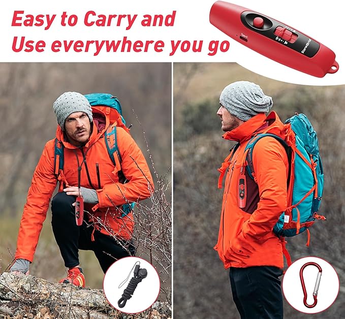 StarWorld Rechargeable Bear Horn - 120dB Electronic Air Horn for Bears with 4 Volume Levels & 3 Tones, Audible 0.5 Miles, LED Safety Light for Hiking, Camping, Wildlife Defense (red)