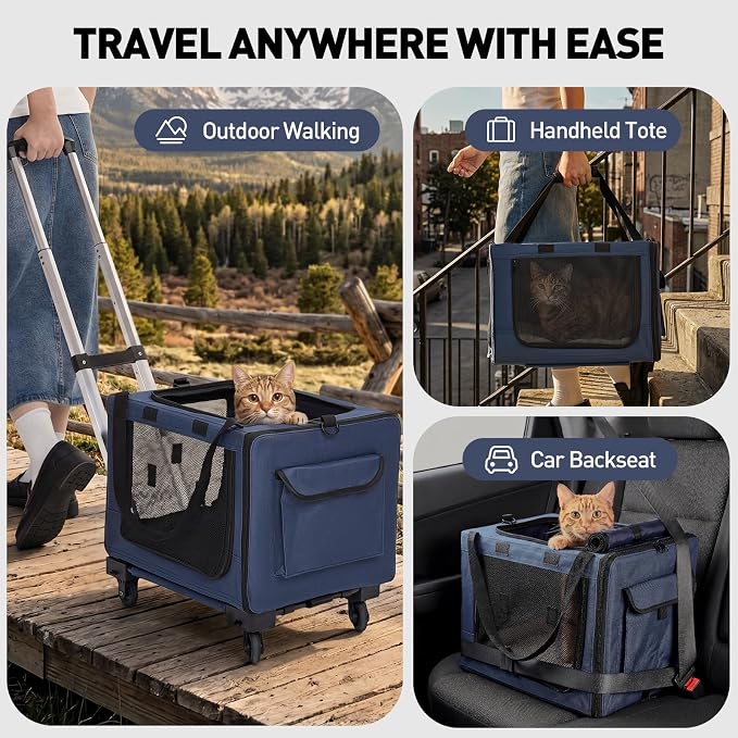 Rolling Cat Carrier with Wheels, 16.5 x 13 x 11.8 in, Navy Blue | Expandable soft-sided carrier with detachable wheels, telescopic handle and breathable mesh for cats and small dogs