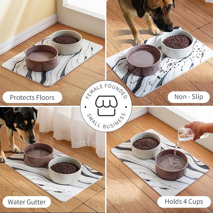 Diatomite Stone Pet Feeding Mat for Dog Cat Super Absorbent Diatomite Quick Drying Stone Dog Food Mat, Dog Mats for Food and Water with Non-Slip Station, Fast Dry Pet Mats,Marble Water Flow