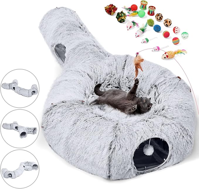 Cat Tunnels Bed with 1 Straight Tunnel and 20 Pet Toys - 5 Shapes DIY Indoor Cats Cave - Detachable Soft Cat Donut for Kitten Puppy Rabbit Ferret