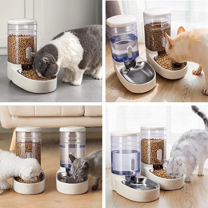 Distributeur automatique de nourriture et d'eau pour chat avec gamelle en acier inoxydable, ensemble distributeur de nourriture et d'eau par gravité pour petit et moyen chien, chiot, chaton 3,8 L x 2 (beige)