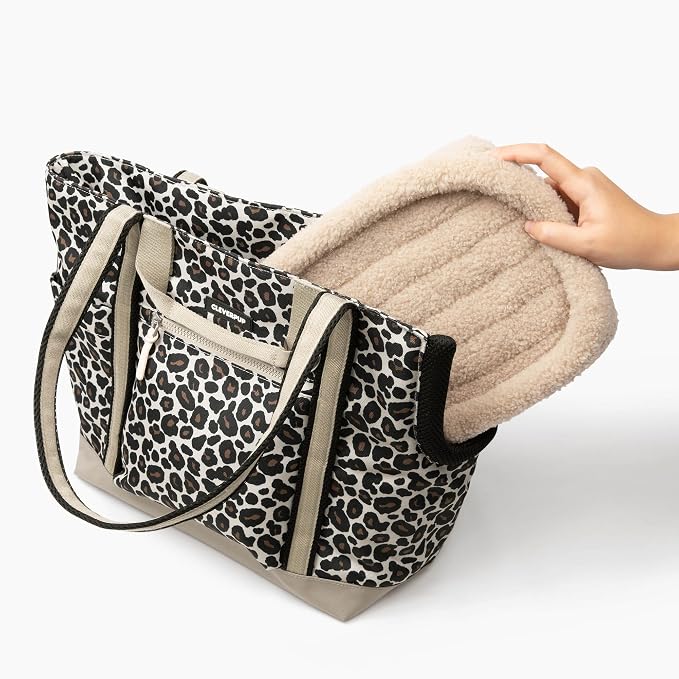 Transit Tote Dog Carrier for Small/Medium Dogs 8-20 lbs, 19x12x9 Soft-Sided 4-Pc Set with Waterproof Base, Plush Insert, Food Pouch, Mesh Head Opening - Medium, Leopard