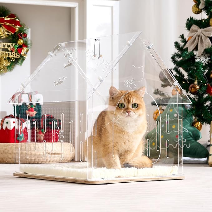 Acrylic Cat House for Indoor Cats, Transparent Cat Bed Cave with Plush Cushion & Hanging Toys, Modern Ventilated Cat Condo with Sturdy Wooden Base for Adult Cats & Kittens up to 15 lbs, White