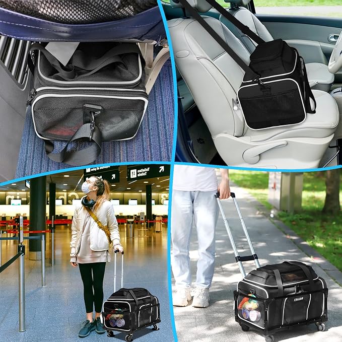 Top-Expandable Small Pet Carrier with Wheels Airline Approved | 17"x11"x9.5", for Alaska Airlines, Lockable Safety Zippers and Anti-Scratch Mesh, Pets Under 10 Lbs, Black