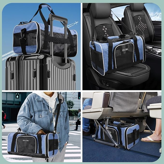 Small Pet Carrier 17" L x 11" W x 9.5" H Airline Approved, Blue | for Alaska Airlines, Lockable Safety Zippers and Anti-Scratch Mesh, Pets Under 10 lbs