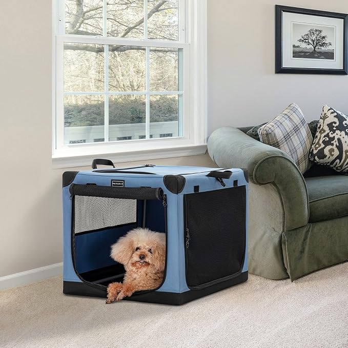 PETSFIT 26" Soft Portable Dog Crate – Patented Spiral Sturdy Frame, Collapsible Travel Kennel for Small Dogs, 3 Mesh Door, Lockable Zippers, Indoor & Car Use Blue