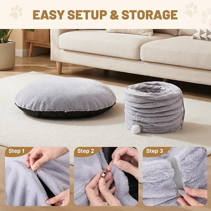 Extra Large Cat Tunnel, 47.2in Multi-Cat Family Big Cat Tunnel for Cats | Long Cat Tunnel Bed with Washable Plush Mat, XXL Pet Play Tunnel Toy for Cats, Puppy, Rabbits Grey