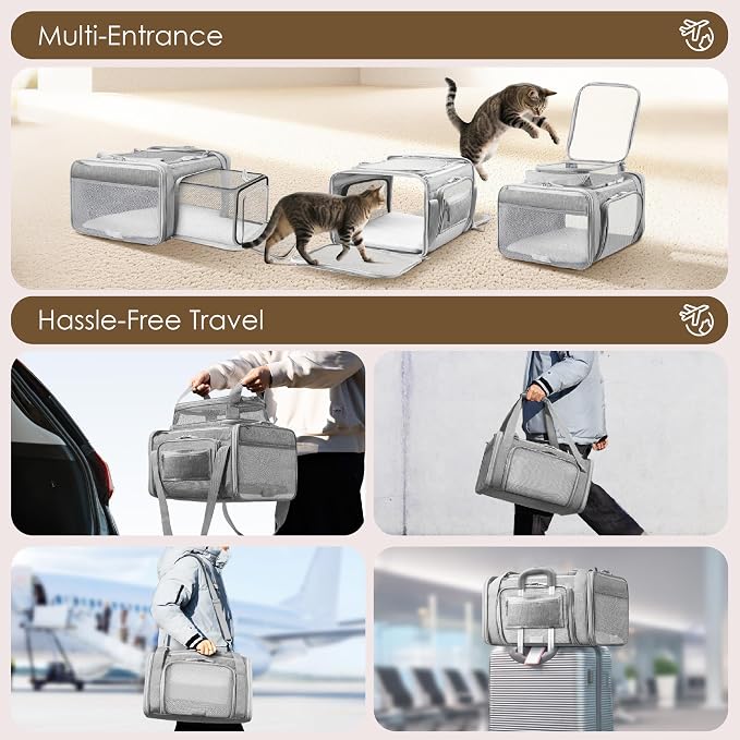 Top and 2 Sides Expandable Cat Carrier 18x13.5x9.5, TSA Airline Approved Dog Carriers for Small Dogs, Soft-Sided Pet Carrier with Self-Locking Zippers for Kitten,Rabbit, Puppy, Guinea Pig Grey