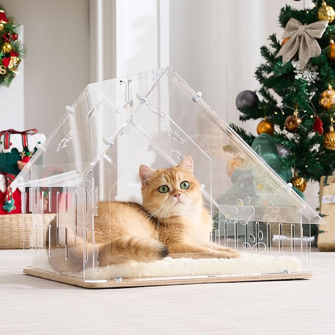 Acrylic Cat House for Indoor Cats, Transparent Cat Bed Cave with Plush Cushion & Hanging Toys, Modern Ventilated Cat Condo with Sturdy Wooden Base for Adult Cats & Kittens up to 12 lbs, White