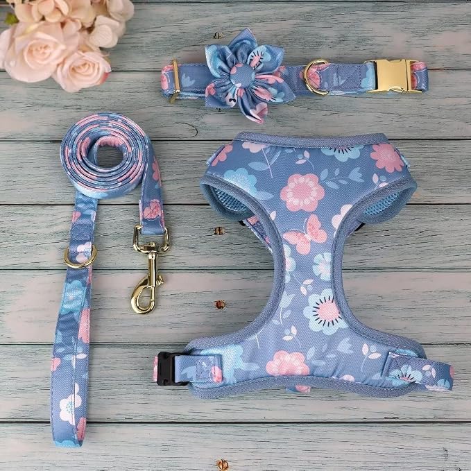 Beirui Cute Dog Collars,Harnesses,Leashes Set, Floral Pattern, Purple,M | Girl Dog Harness Set with Flower, Adjustable and Soft Mesh Lining, For Medium Dogs Daily Walks