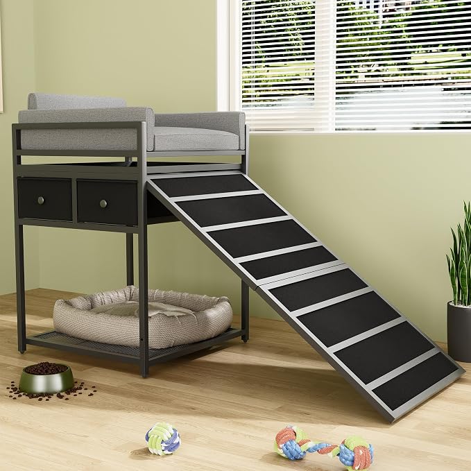 kepptory Dog Sofa with Window Perch & Retractable Dog Stairs, 2‑Tier Pet Bunk Bed with Storage Drawers, Multi‑Function Pet Furniture for Small Medium Dogs Cats, Supports 110 lbs, Easy Assembly