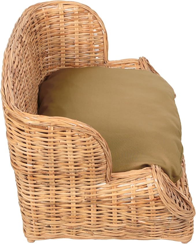 DBD1004B Handwoven Water Hyacinth Pet Daybed with Machine-Washable Cushion, 27.5" x 18" Wicker Sofa for Small to Medium Dogs and Cats, Vintage Style Elevated Pet Bed, Light Brown