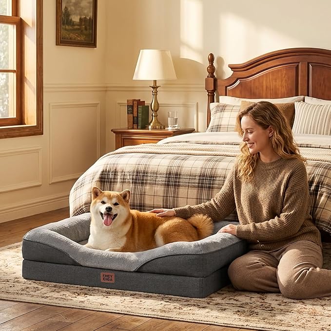 EHEYCIGA Orthopedic Dog Bed for Large Dog, Memory Foam Dog Couch, Grey | 41x27 Inch Large Sized Dog Sofa with Sides, Waterproof Liner & Washable Removable Cover, Bolster Pet Couch