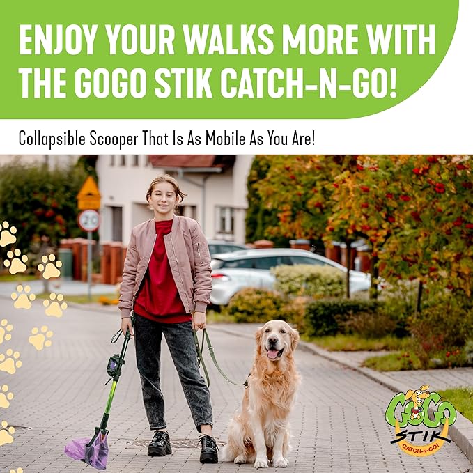 GoGo Stik, Catch-N-Go! Consumer Reports #1 Rated Ergonomic Scooper 2024,2026. Catch Poo on Walks. Alum Tele-Handle, Bag Pouch Dispenser, Wrist Strap. 10-Yr Wty.