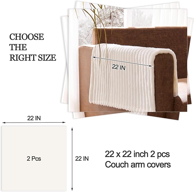 100% Waterproof Couch Arm Covers 2pcs, Fuzzy Chair Arm Covers Thick Soft Recliner Chair Armrest Protectors, Non-Slip Couch Armrest Cover Pet mats for Sofa (White, 22" x 22" 2 Pack)