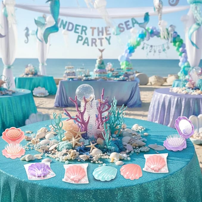 LemonRoad 24 Sets Mermaid Party Favors Shell Hair Brush with Mirror Card, Foldable Mini Travel Compact Hair Brush for Women Birthday, Bachelorette, Under The Sea, Beach Party Gifts(Pink Purple Teal)