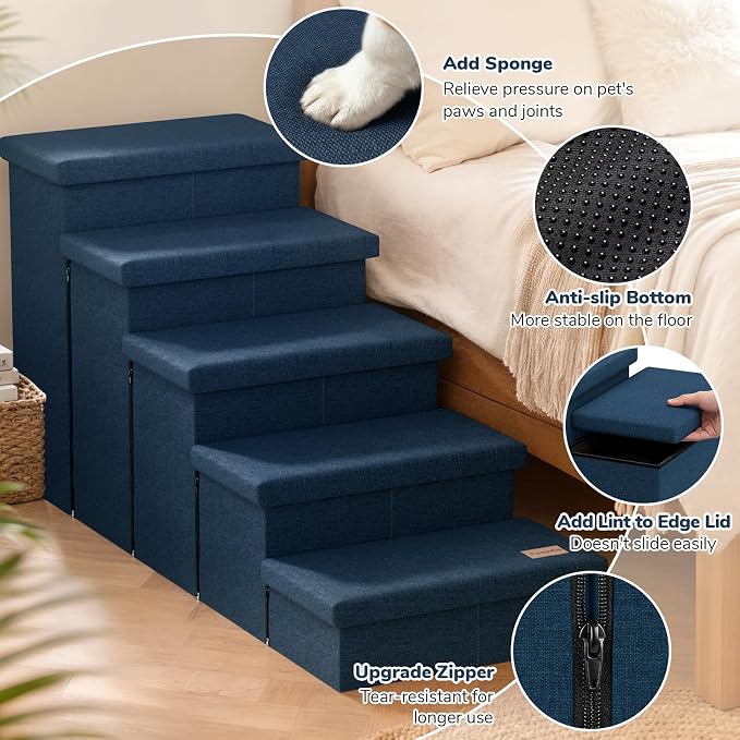 5-Step Wide Dog Stairs with Storage 23" H, Non-Slip Sturdy Pet Steps for High Bed Couch Window, Pet Stairs for Small/Medium/Large Old Dogs Cats Up to 220lbs, Cat Dog Steps for Car/SUV, Navy